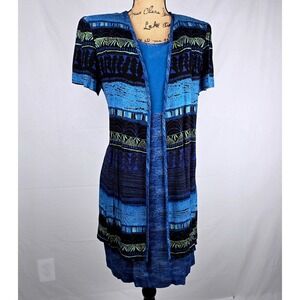 Vintage Virgo Petite Size 8 Blue‎ Abstract Print Knit Dress & Cardigan